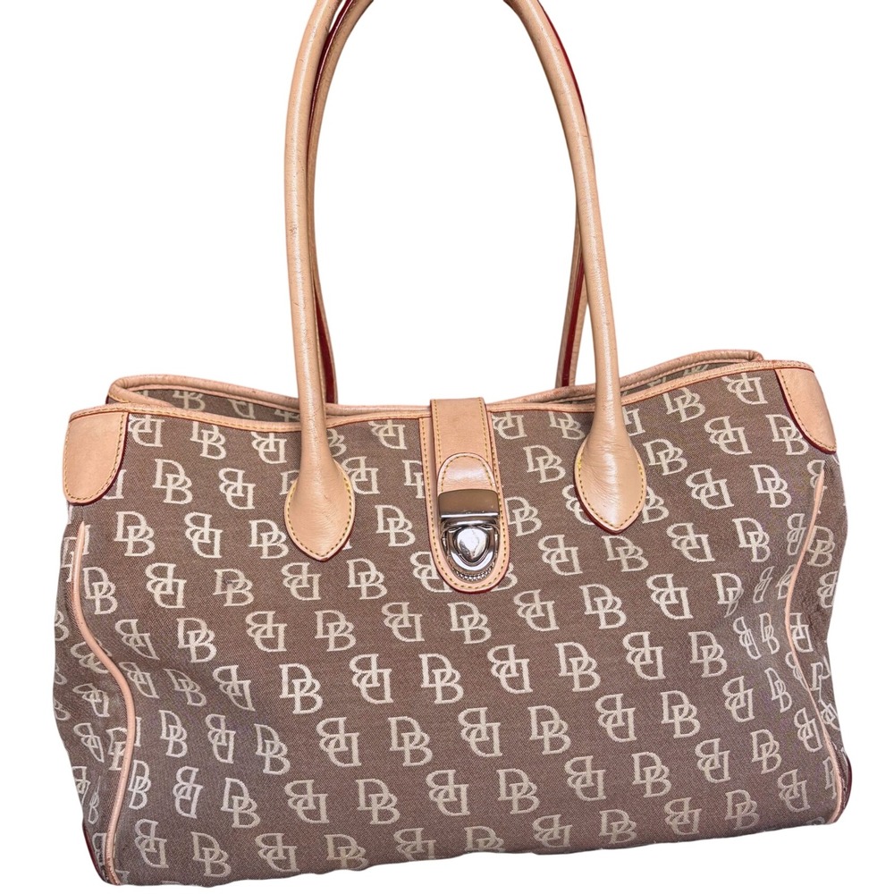 Dooney & Bourke Monogram Canvas Tote Bag Brown Tan Leather Trim Shoulder Bag